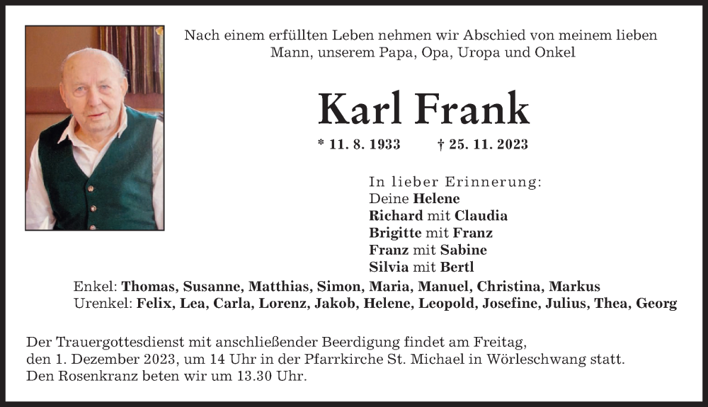 Traueranzeige von Karl Frank von Augsburg-Land