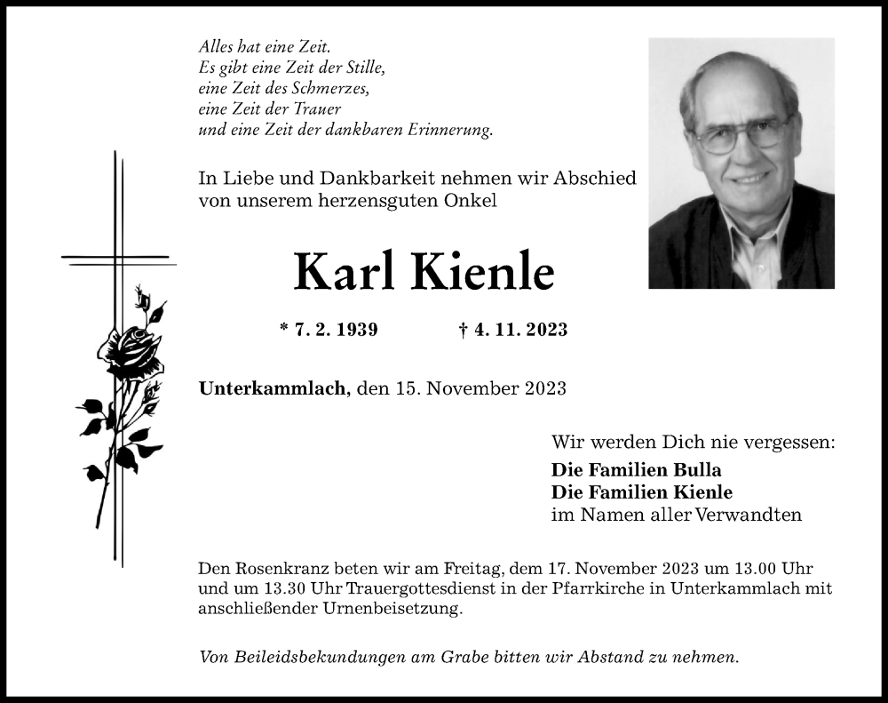 Traueranzeigen von Karl Kienle | Augsburger Allgemeine Zeitung