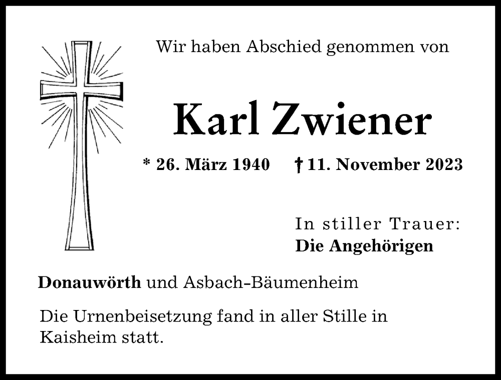 Traueranzeige von Karl Zwiener von Donauwörther Zeitung