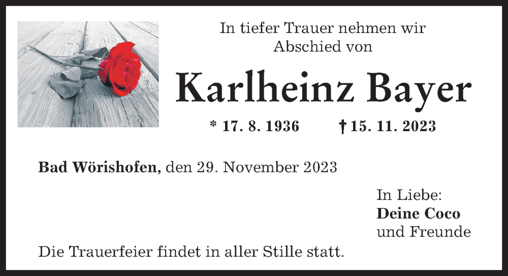  Traueranzeige für Karlheinz Bayer vom 29.11.2023 aus Mindelheimer Zeitung