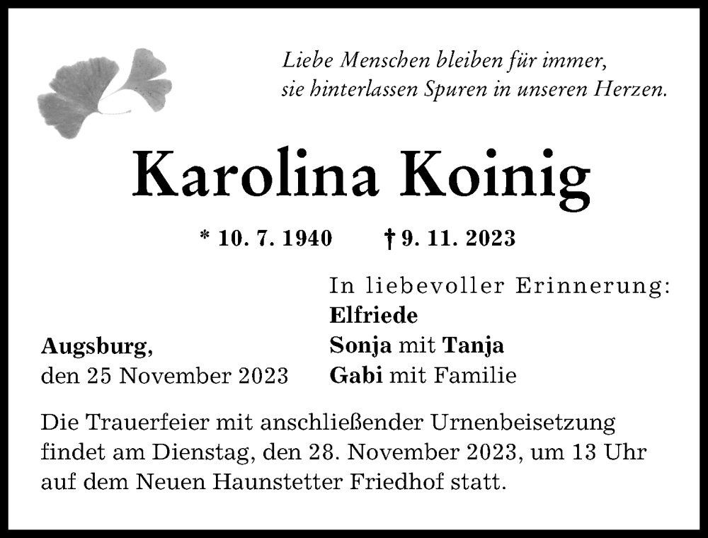 Traueranzeige von Karolina Koinig von Augsburger Allgemeine