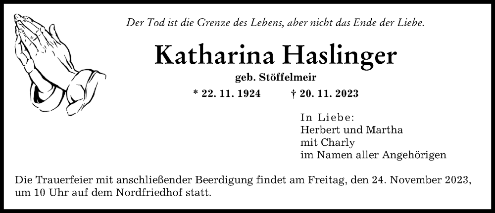  Traueranzeige für Katharina Haslinger vom 22.11.2023 aus Augsburger Allgemeine