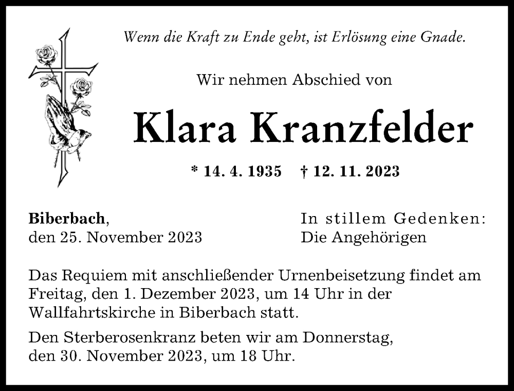  Traueranzeige für Klara Kranzfelder vom 25.11.2023 aus Augsburg-Land