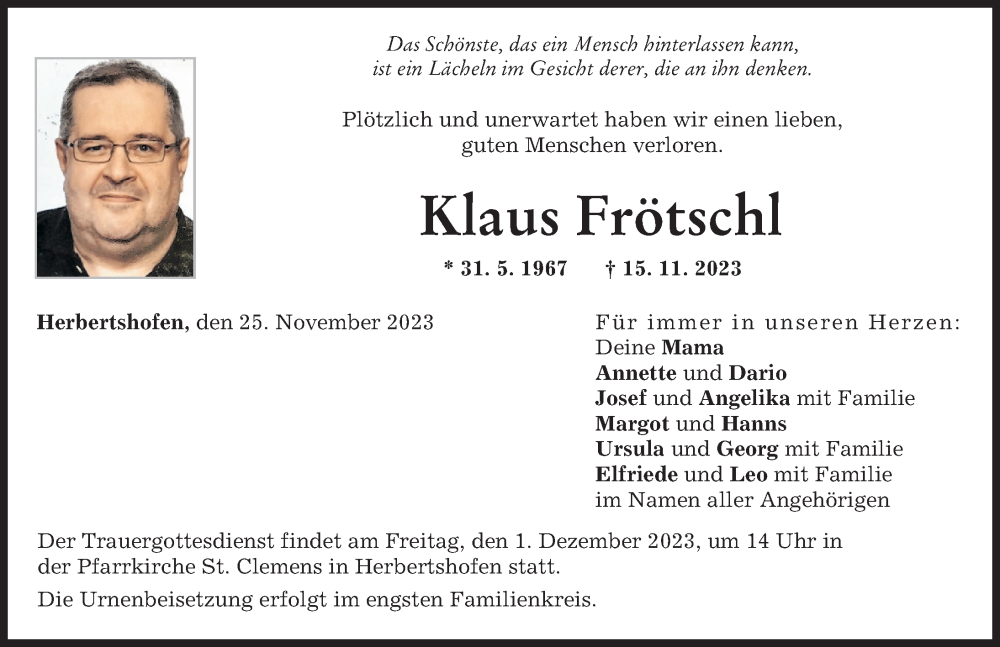  Traueranzeige für Klaus Frötschl vom 25.11.2023 aus Augsburg-Land