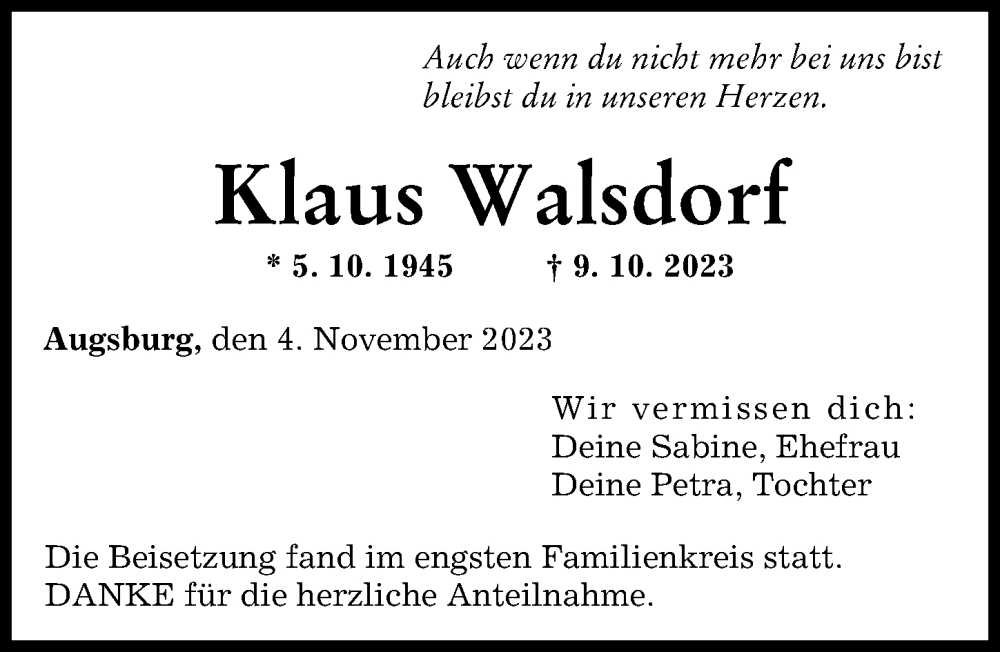 Traueranzeige von Klaus Walsdorf von Augsburger Allgemeine