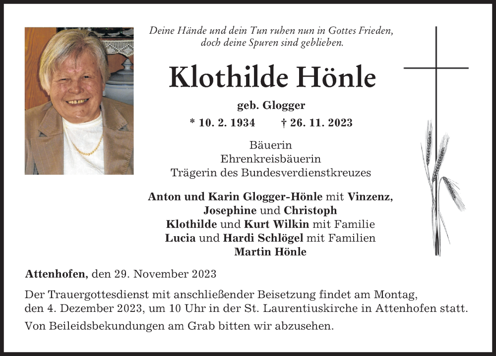  Traueranzeige für Klothilde Hönle vom 29.11.2023 aus Neu-Ulmer Zeitung