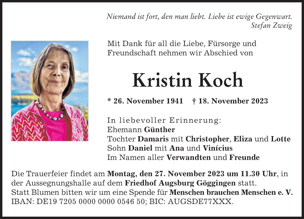 Traueranzeige von Kristin Koch von Augsburger Allgemeine