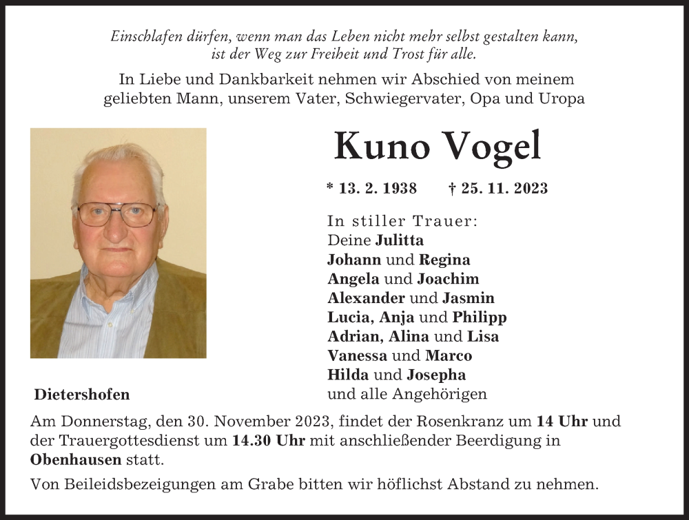  Traueranzeige für Kuno Vogel vom 28.11.2023 aus Illertisser Zeitung