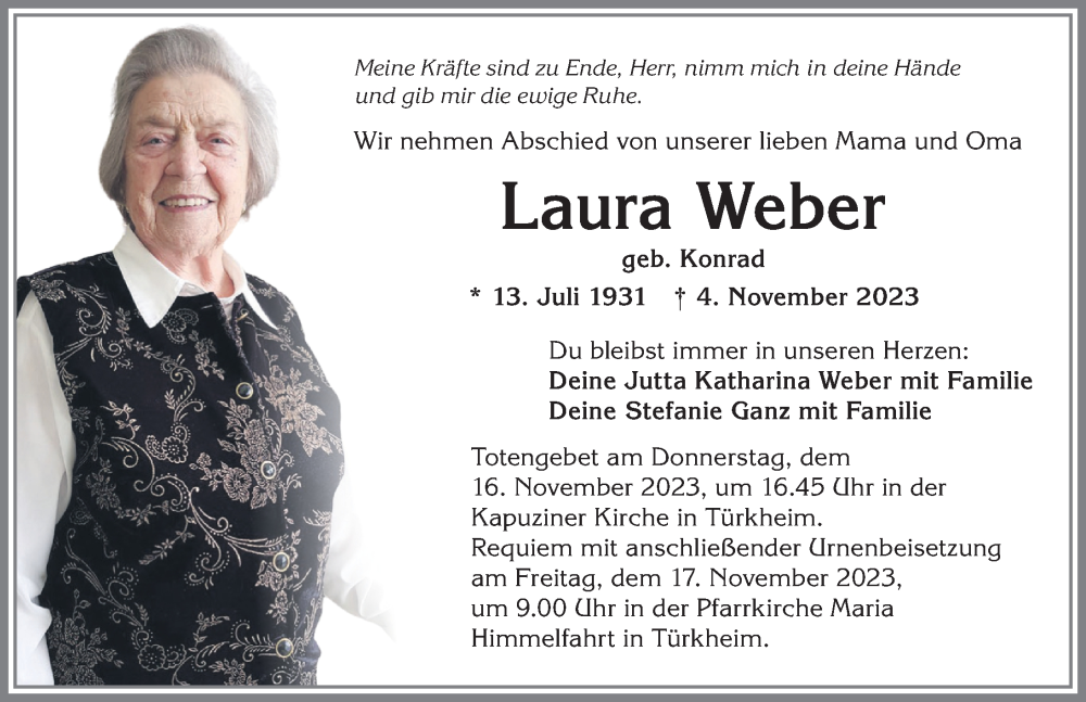  Traueranzeige für Laura Weber vom 11.11.2023 aus Mindelheimer Zeitung