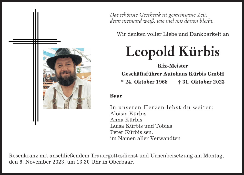  Traueranzeige für Leopold Kürbis vom 03.11.2023 aus Augsburger Allgemeine