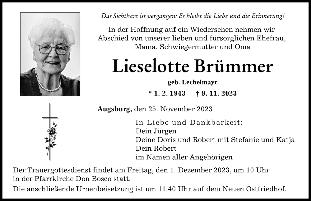 Traueranzeige von Lieselotte Brümmer von Augsburger Allgemeine