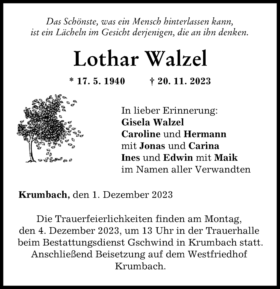 Traueranzeige von Lothar Walzel von Mittelschwäbische Nachrichten