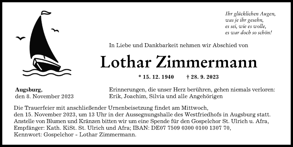 Traueranzeige von Lothar Zimmermann von Augsburger Allgemeine