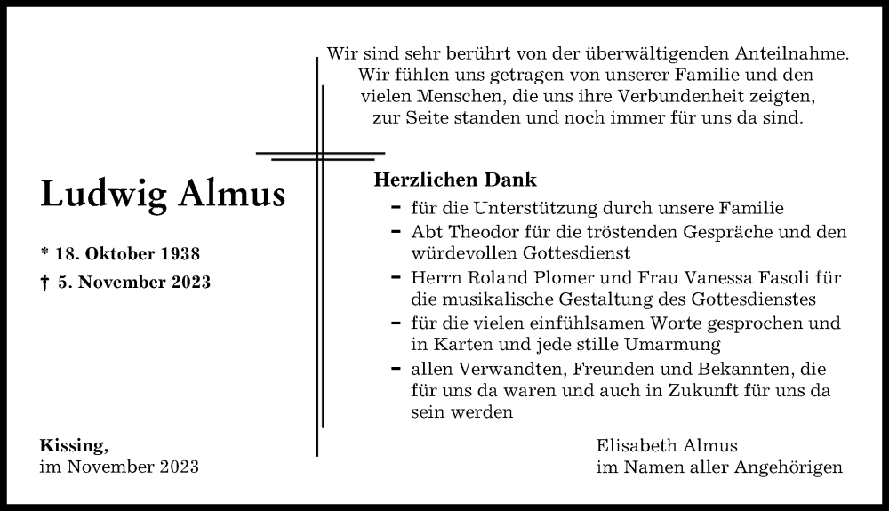 Traueranzeige von Ludwig Almus von Augsburger Allgemeine