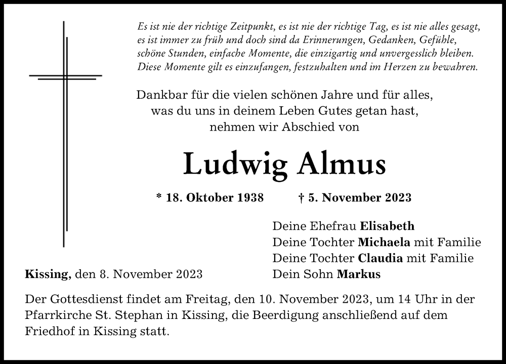 Traueranzeige von Ludwig Almus von Augsburger Allgemeine