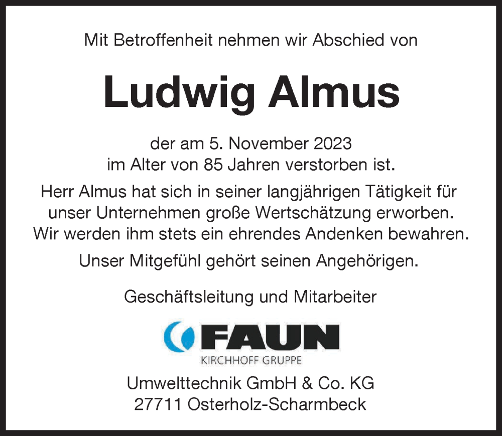 Traueranzeige von Ludwig Almus von Augsburger Allgemeine