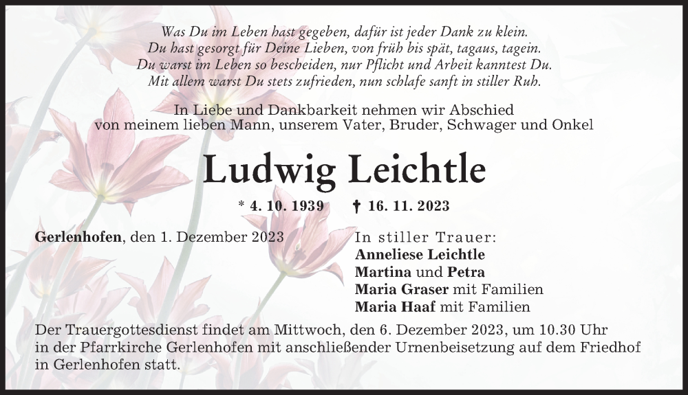  Traueranzeige für Ludwig Leichtle vom 01.12.2023 aus Augsburger Allgemeine, Neu-Ulmer Zeitung