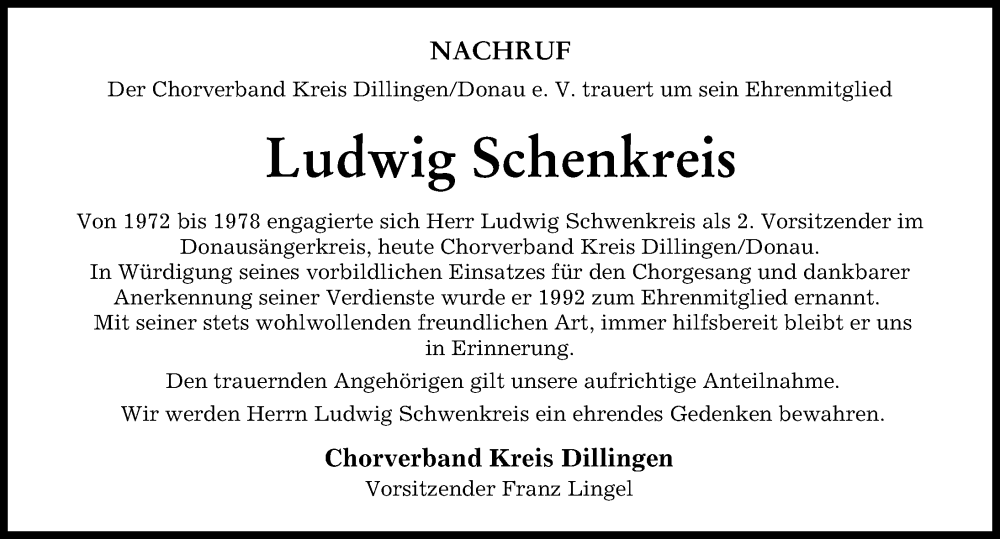 Traueranzeige von Ludwig Schenkreis von Donau Zeitung