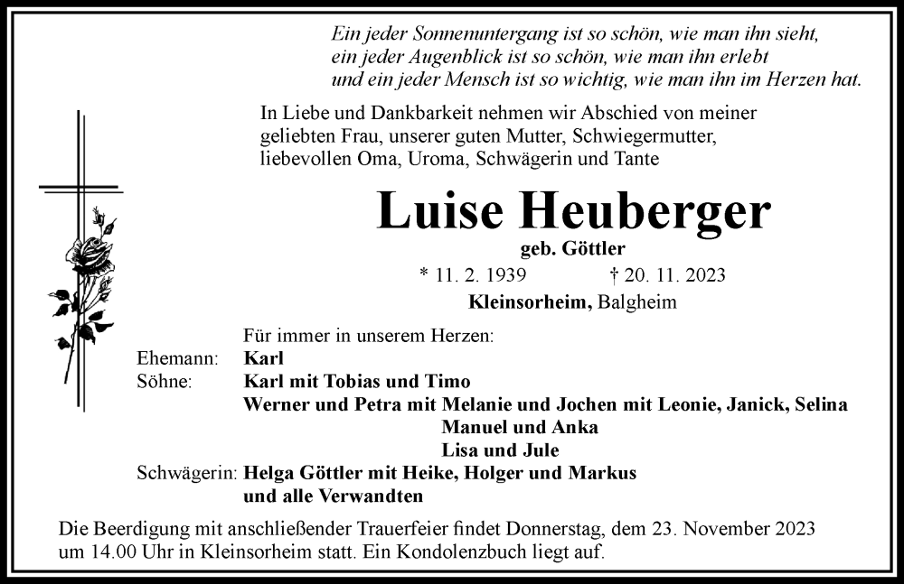  Traueranzeige für Luise Heuberger vom 22.11.2023 aus Rieser Nachrichten