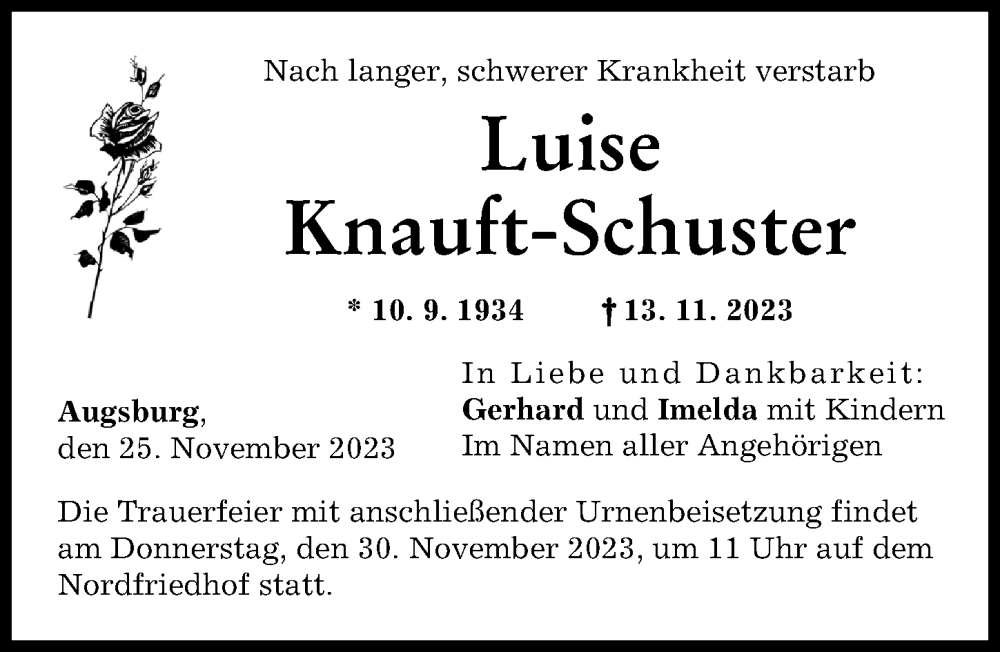  Traueranzeige für Luise Knauft-Schuster vom 25.11.2023 aus Augsburger Allgemeine