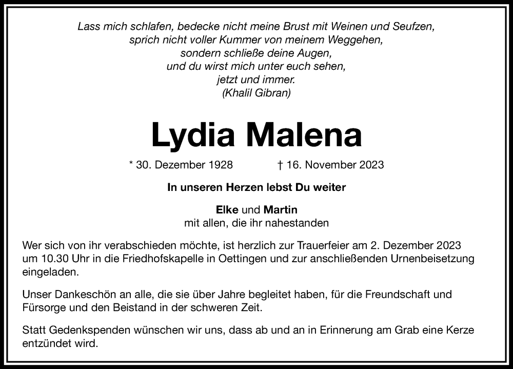  Traueranzeige für Lydia Malena vom 29.11.2023 aus Rieser Nachrichten