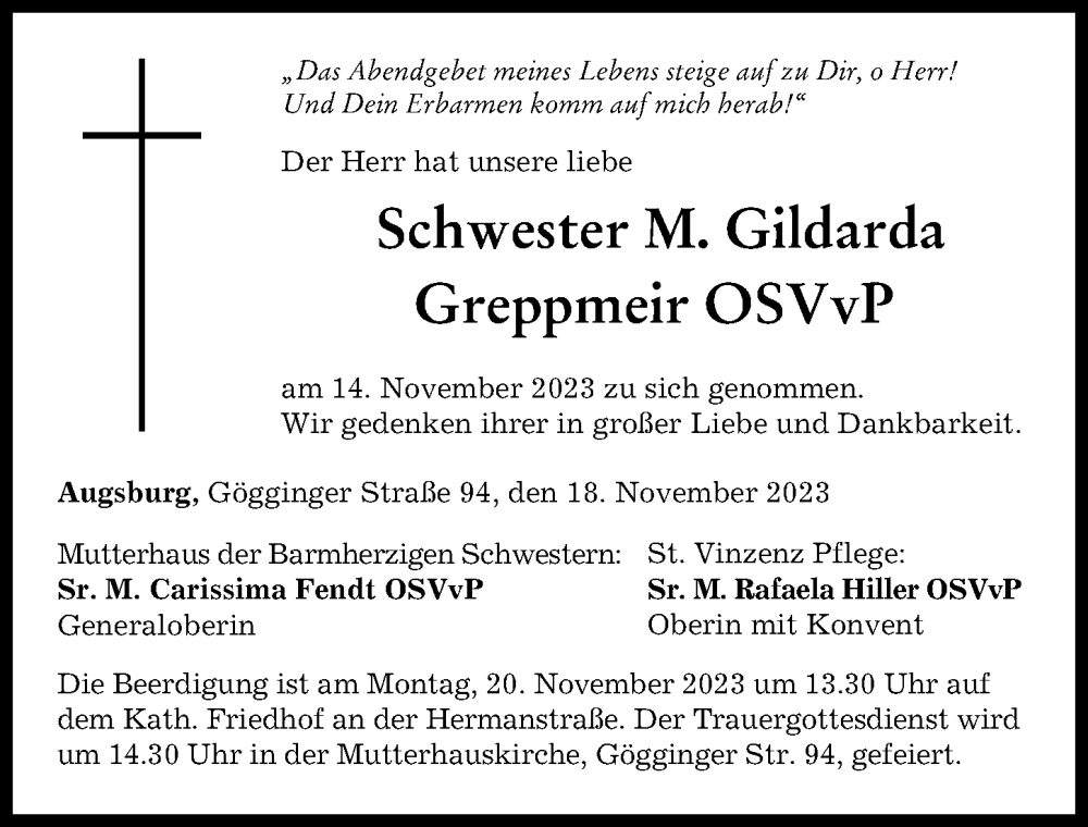 Traueranzeige von M. Gildarda Greppmeir von Augsburger Allgemeine