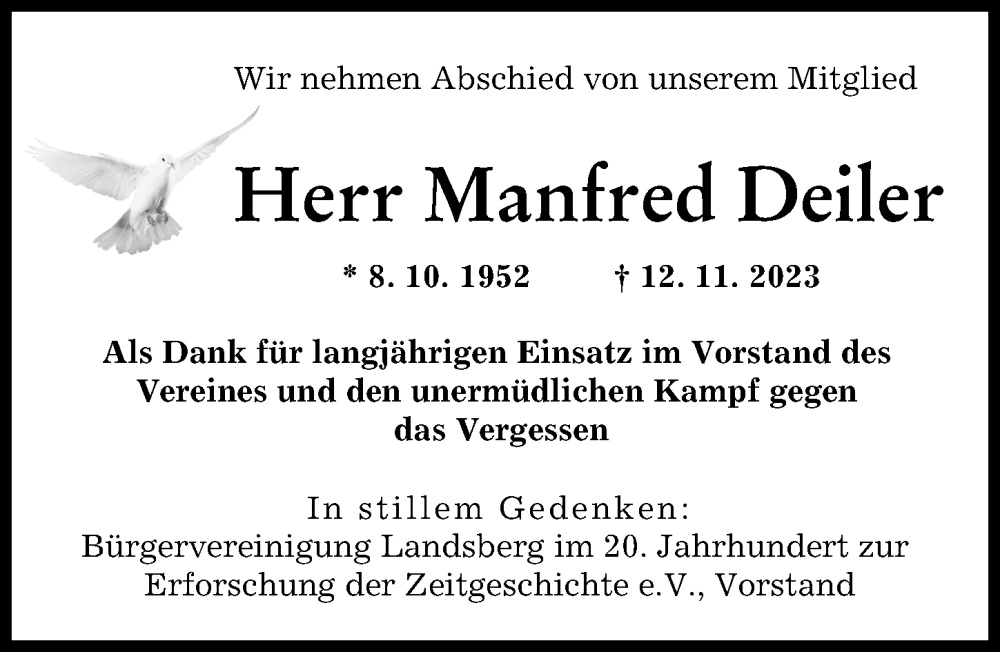 Traueranzeige von Manfred Deiler von Landsberger Tagblatt