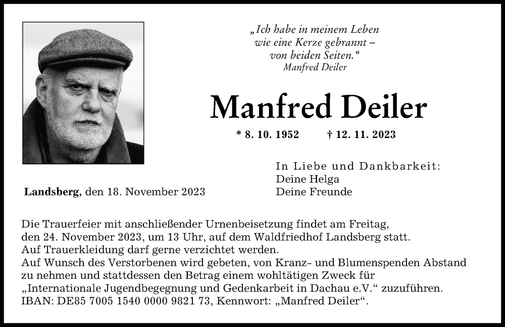 Traueranzeige von Manfred Deiler von Landsberger Tagblatt