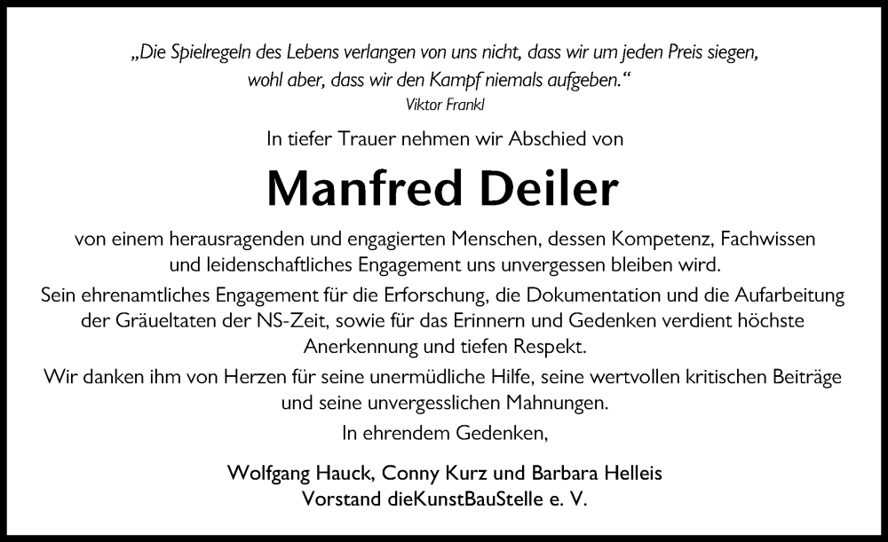 Traueranzeige von Manfred Deiler von Landsberger Tagblatt