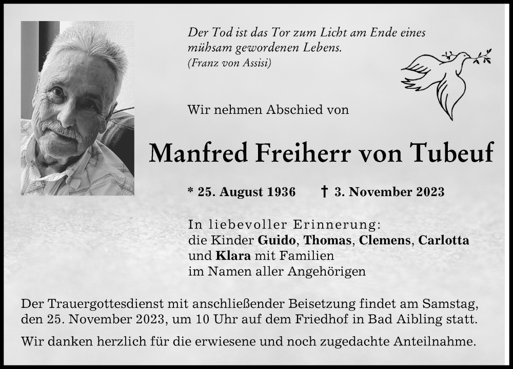 Traueranzeige von Manfred Freiherr von Tubeuf von Neuburger Rundschau