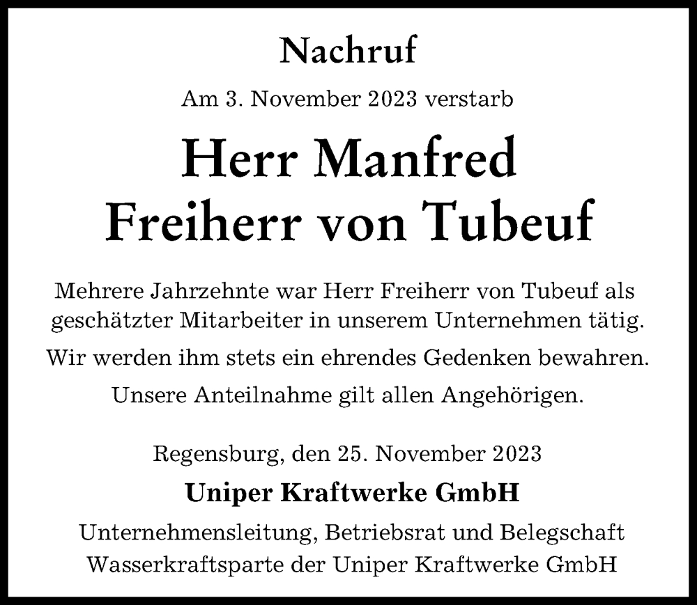 Traueranzeige von Manfred Freiherr von Tubeuf von Neuburger Rundschau