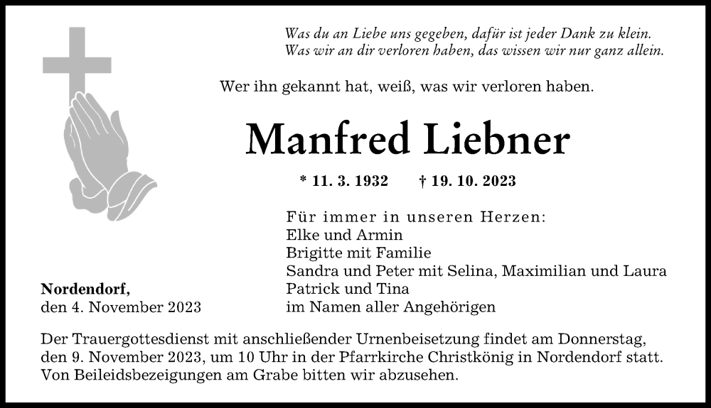  Traueranzeige für Manfred Liebner vom 04.11.2023 aus Augsburg-Land