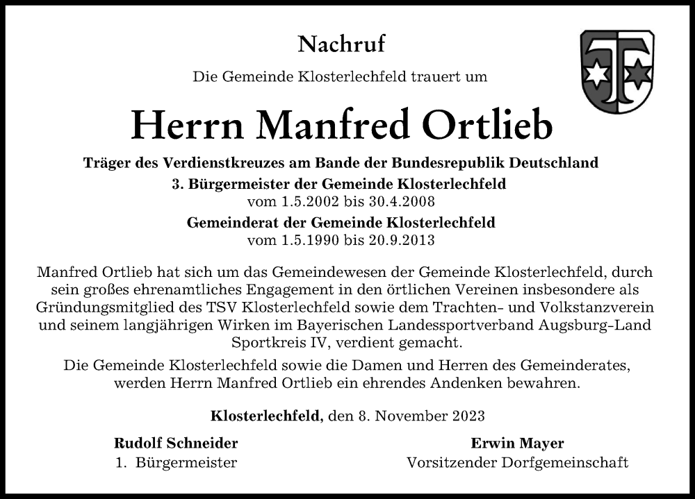 Traueranzeige von Manfred Ortlieb von Schwabmünchner Allgemeine