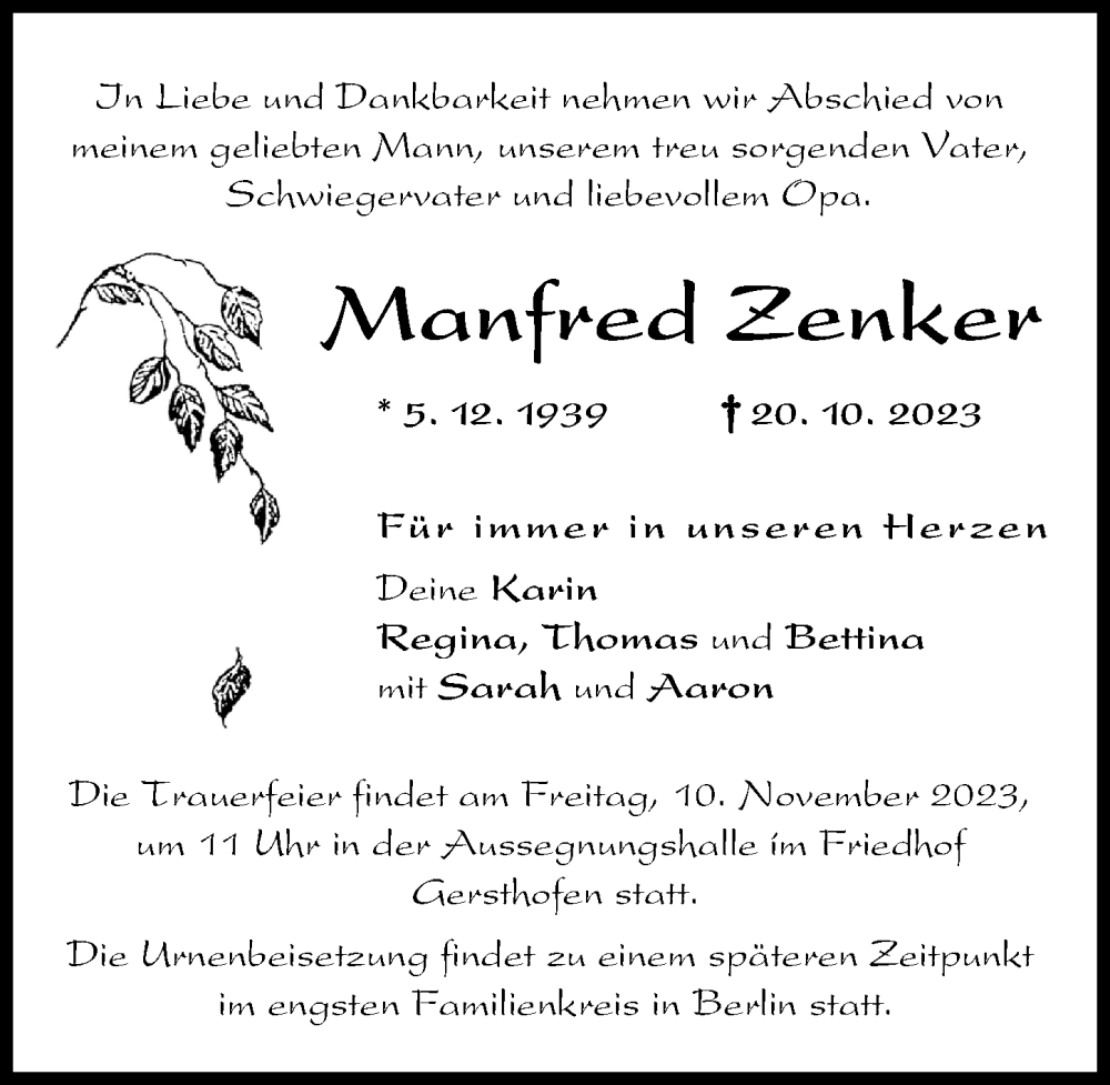 Traueranzeige von Manfred Zenker von Augsburg-Land