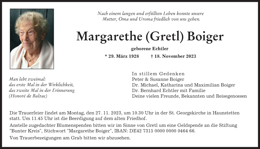 Traueranzeige von Margarethe Boiger von Augsburger Allgemeine