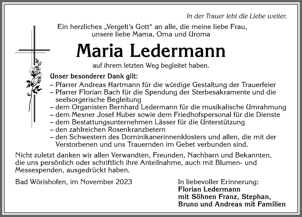 Traueranzeige von Maria Ledermann von Mindelheimer Zeitung