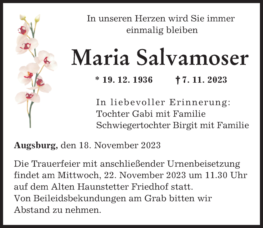 Traueranzeige von Maria Salvamoser von Augsburger Allgemeine