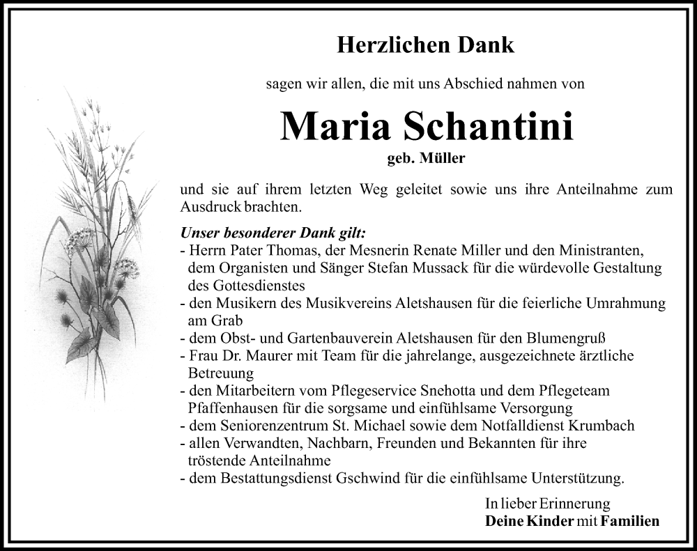 Traueranzeige von Maria Schantini von Mittelschwäbische Nachrichten