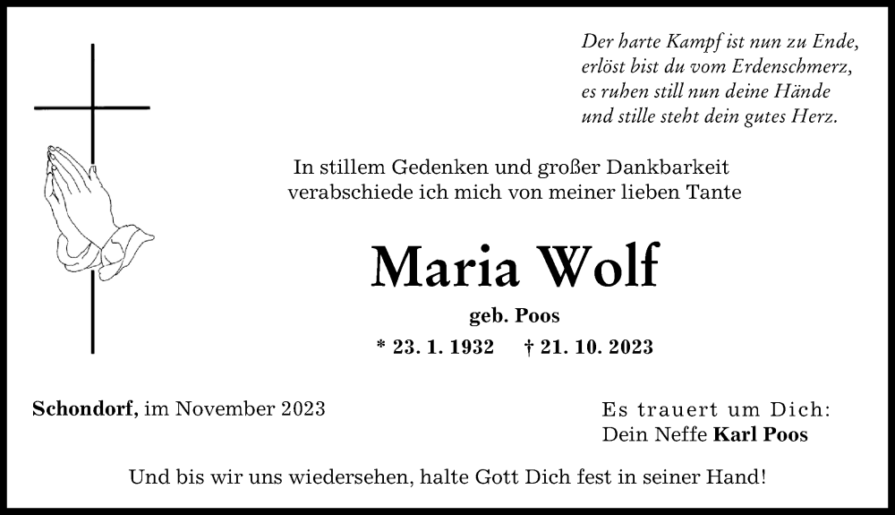 Traueranzeige von Maria Wolf von Landsberger Tagblatt