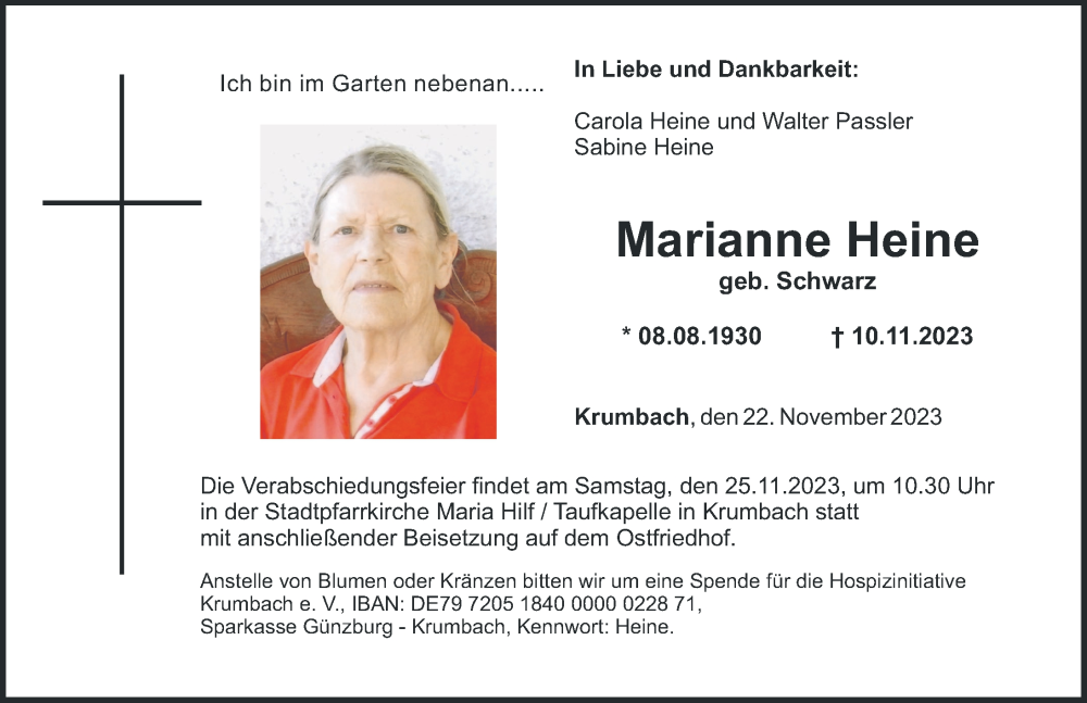 Traueranzeige von Marianne Heine von Mittelschwäbische Nachrichten