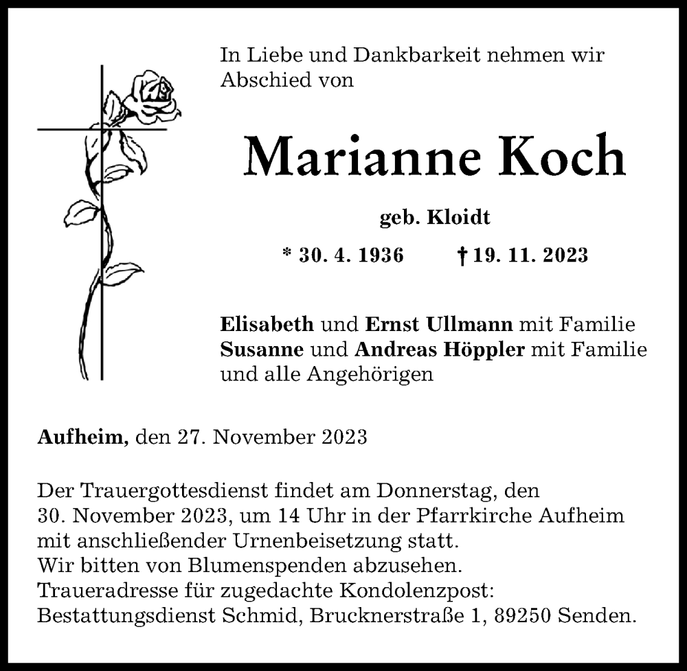  Traueranzeige für Marianne Koch vom 27.11.2023 aus Augsburger Allgemeine, Neu-Ulmer Zeitung