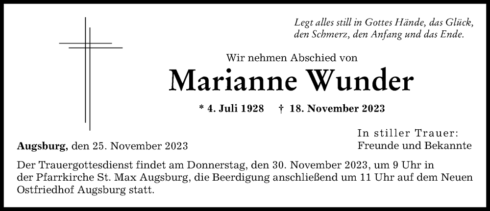 Traueranzeige von Marianne Wunder von Augsburger Allgemeine