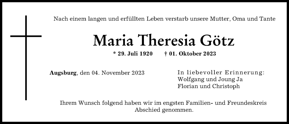 Traueranzeige von Maria Theresia Götz von Augsburger Allgemeine