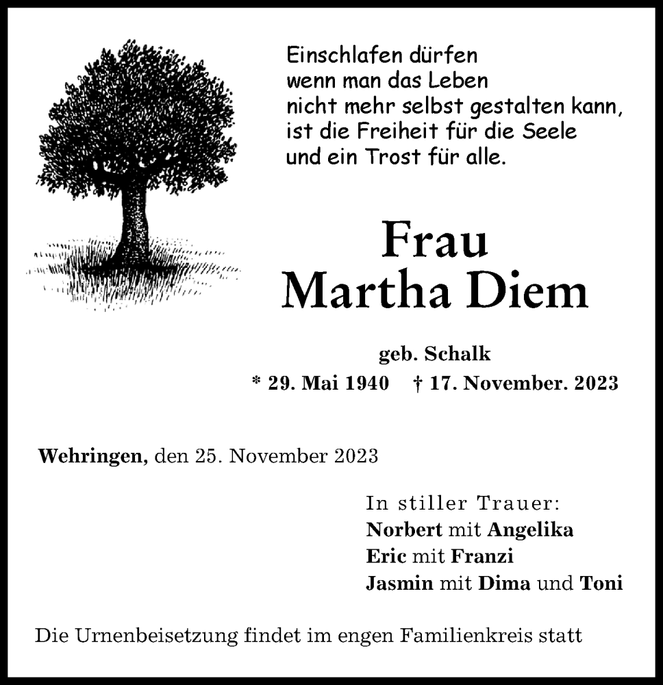  Traueranzeige für Martha Diem vom 25.11.2023 aus Schwabmünchner Allgemeine