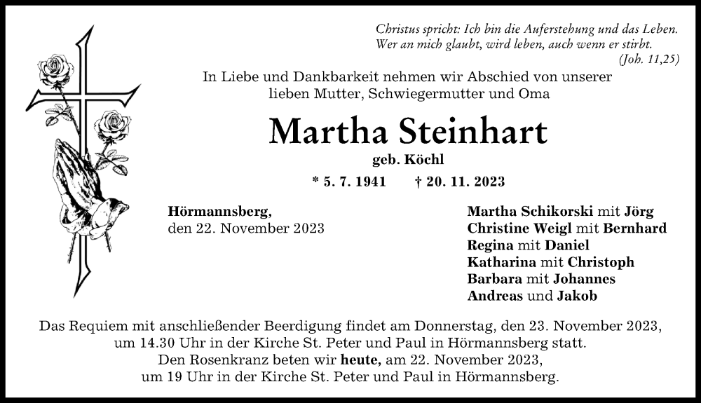 Traueranzeige von Martha Steinhart von Friedberger Allgemeine