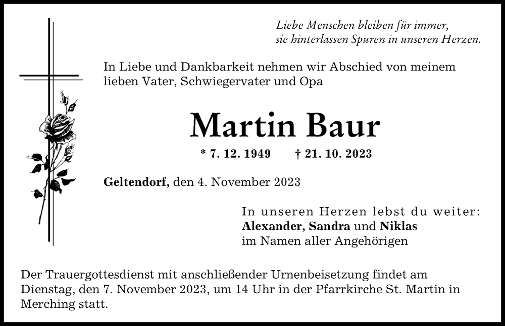 Traueranzeige von Martin Baur von Landsberger Tagblatt, Friedberger Allgemeine