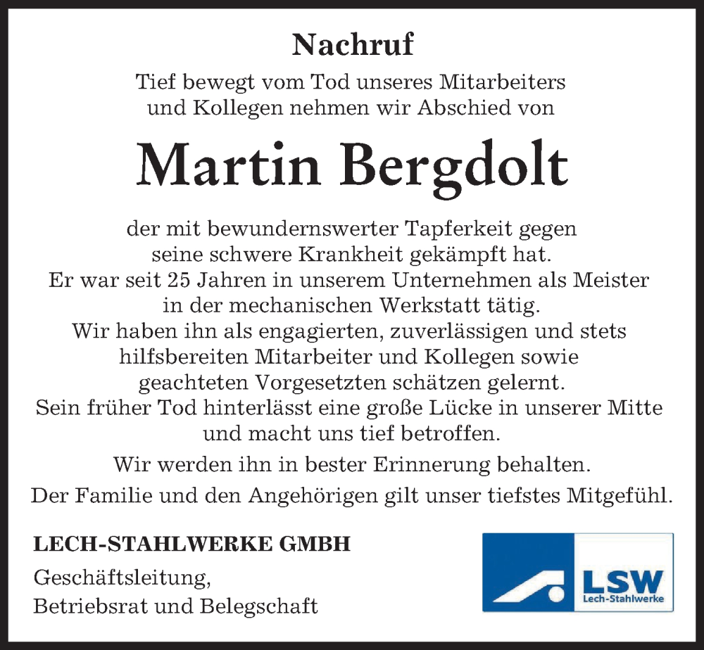  Traueranzeige für Martin Bergdolt vom 01.12.2023 aus Wertinger Zeitung, Augsburg-Land