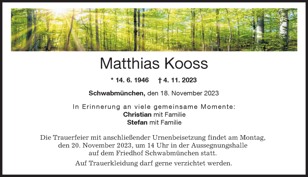  Traueranzeige für Matthias Kooss vom 18.11.2023 aus Schwabmünchner Allgemeine