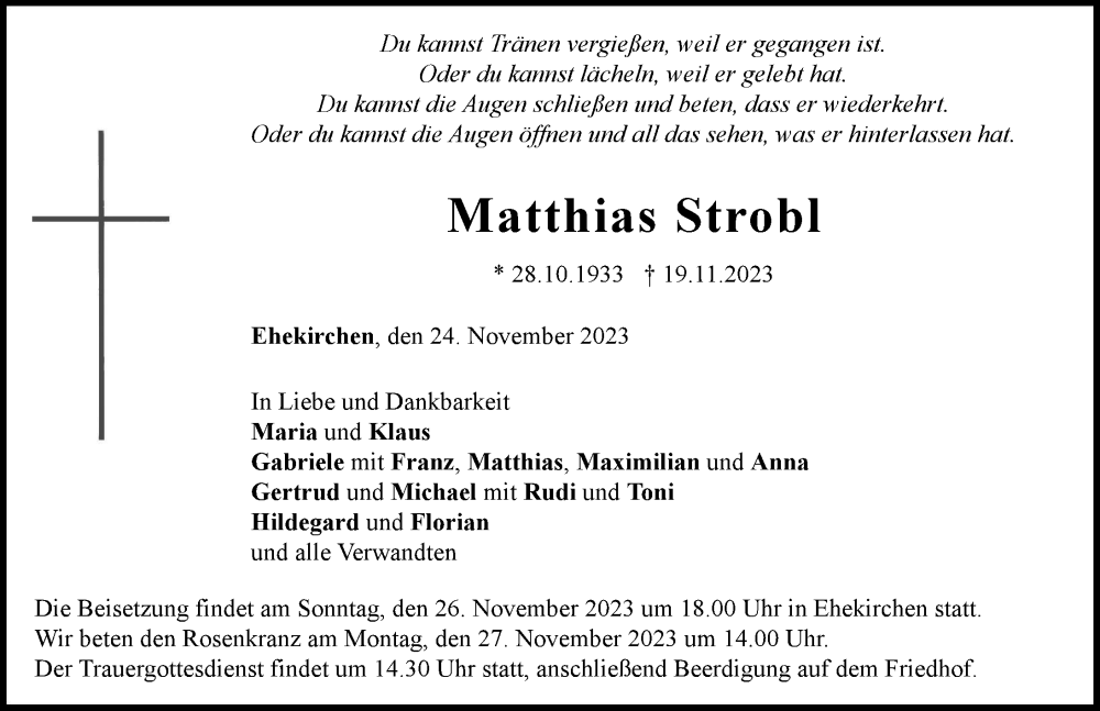 Traueranzeige von Matthias Strobl von Neuburger Rundschau