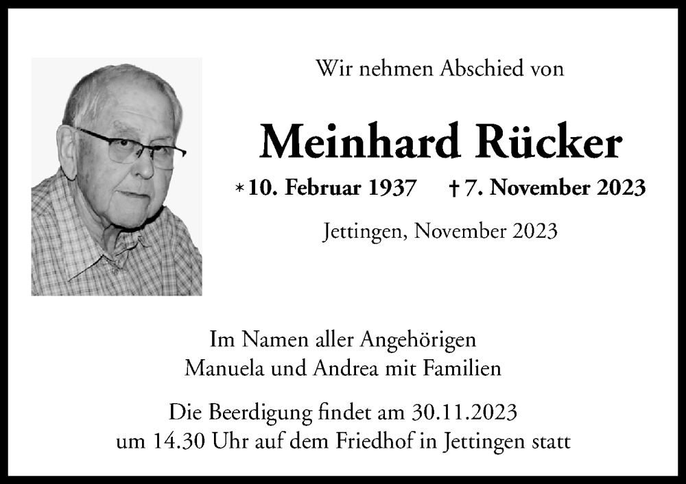  Traueranzeige für Meinhard Rücker vom 27.11.2023 aus Günzburger Zeitung